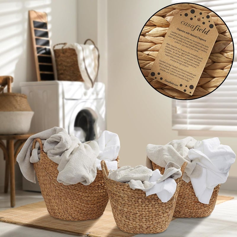 Casafield Set of 3 Multipurpose Boat Baskets with Handles - Natural, Woven Water Hyacinth Storage Organizers for Throw Blankets, Bedroom, Living Room, Laundry - Image 2